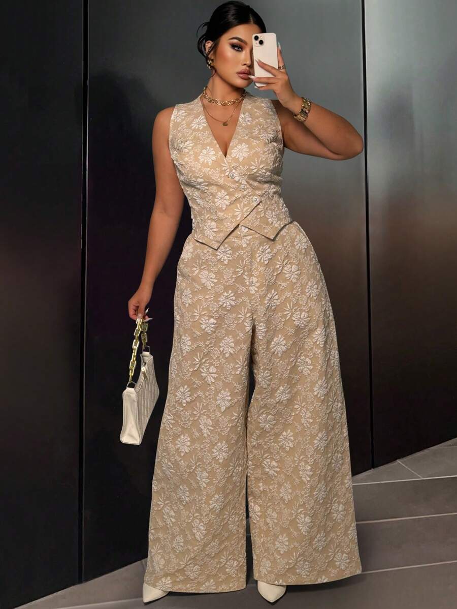 SHEIN Unity 大码女式花卉提花单排扣背心和阔腿裤套装