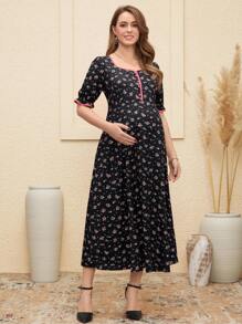 SHEIN Maternity Puff Sleeve Short Sleeve Button Decor Vintage Ditsy Floral Dress - Multicolor - View 3