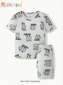 2 pièces/Set Short et t-shirt à manches courtes ajustés décontractés pour la maison, motif d'animaux de dessin animé, vert citron, pour tout-petits garçons - Vert - Voir 2