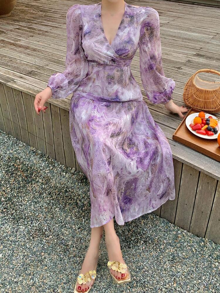 Women's Floral Print Surplice Waist Midi Dress,Fall Dress Long Sleeve Dress Boho