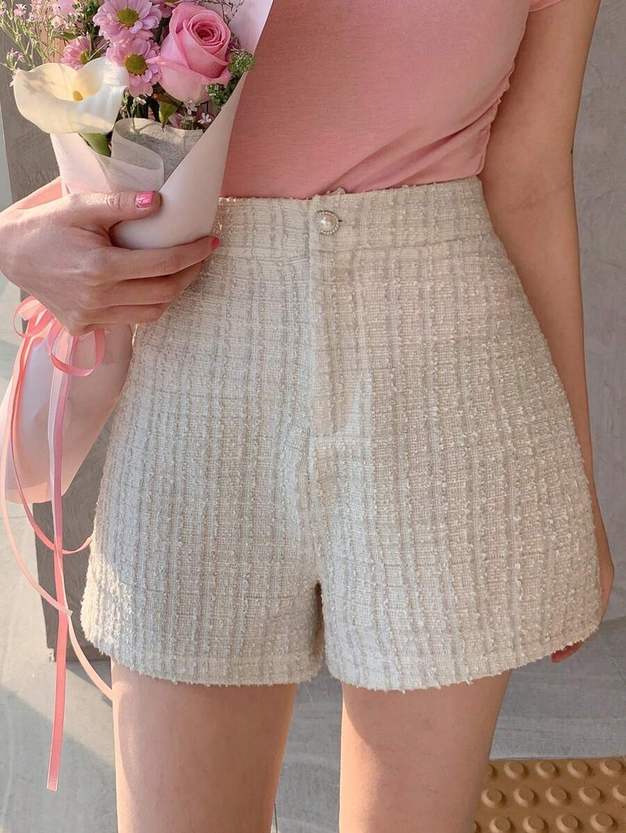 DAZY Women Textured Fabric Girls' Summer Shorts Plaid - Beige - View 1