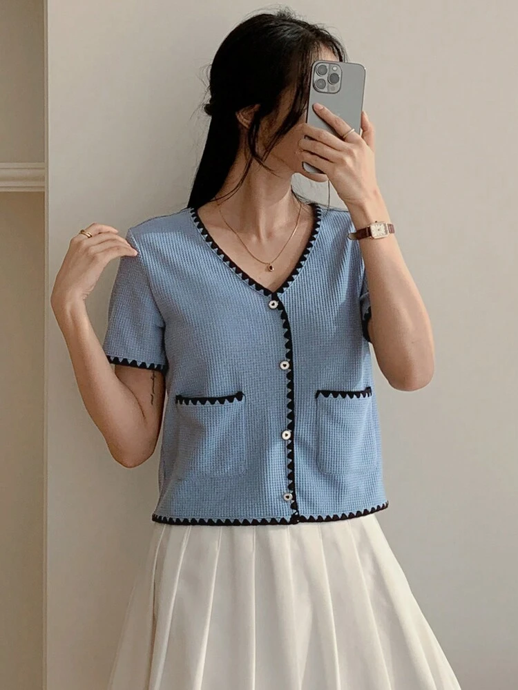 Summer New Casual Elegant Date Floral Trim Button Front T-Shirt For Women Preppy Tops