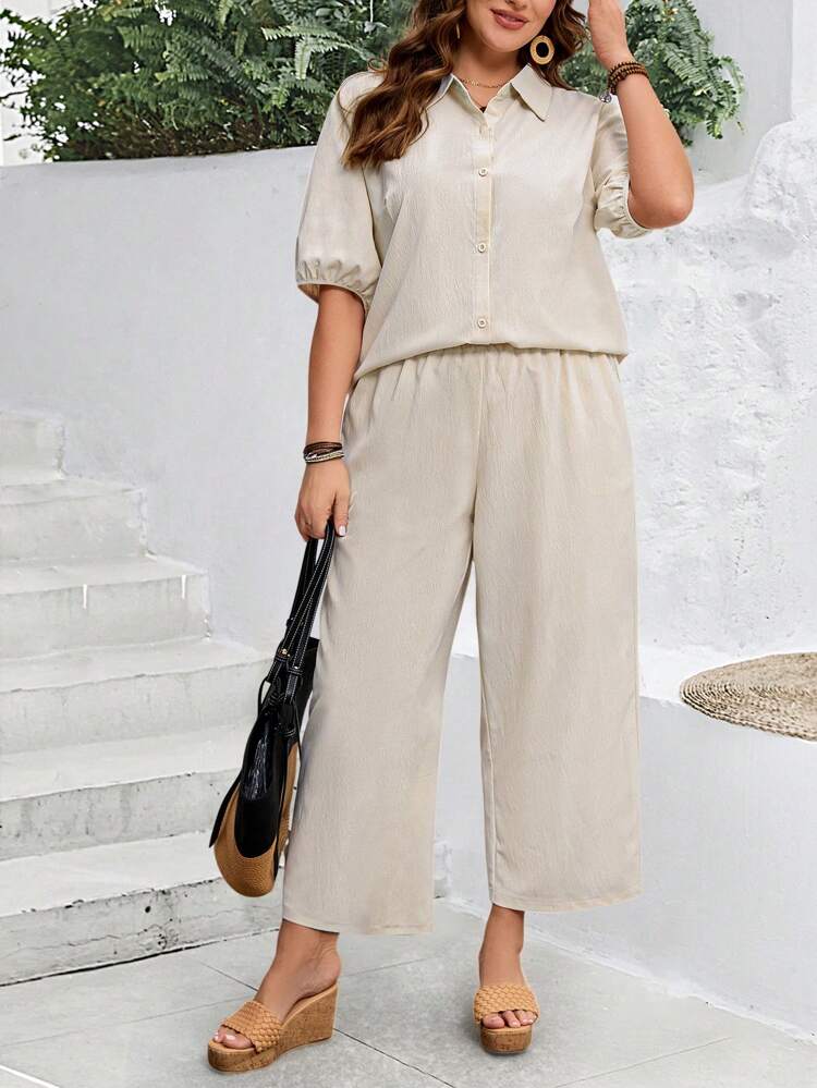 2pcs/Set Plus Size Women Summer Single-Breasted Short Sleeve Blouse And Wide Leg Pants