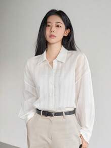 Dazy-Less 雪纺条纹简约宽松休闲商务女式衬衫学院风上衣，秋季女装长袖上衣 - 白色 - 查看 6