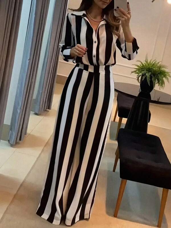 Calvaya Set de cămașă cu nasturi cu mânecă lungă și pantaloni cu picioare largi pentru femei, 2 buc