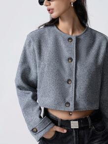 SHEIN EZwear Áo khoác nữ cổ tròn cài nút phía trước hàng ngày, mùa thu - Xám - Xem 4