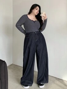 Dazy Plus Quần Jeans Ống Rộng Rộng Màu Sẫm, Dùng Cho Mọi Mùa - Rửa tối - Xem 6