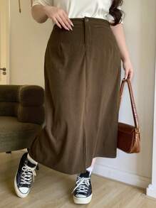 Dazy Plus Elastic Waist Straight A-Line Skirt With Side Slit, Leopard Print, Suitable For All Seasons - Rust Brown - View 4