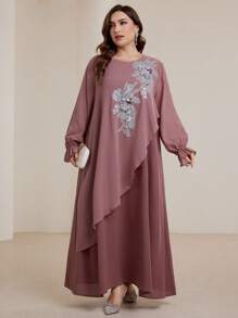 Graceveil 大码女式灯笼袖雪纺覆盖重磅刺绣休闲宽松中长连衣裙