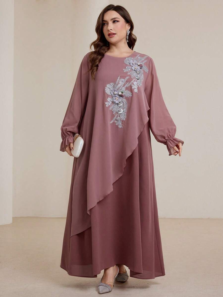 Graceveil 大码女式灯笼袖雪纺覆盖重磅刺绣休闲宽松中长连衣裙