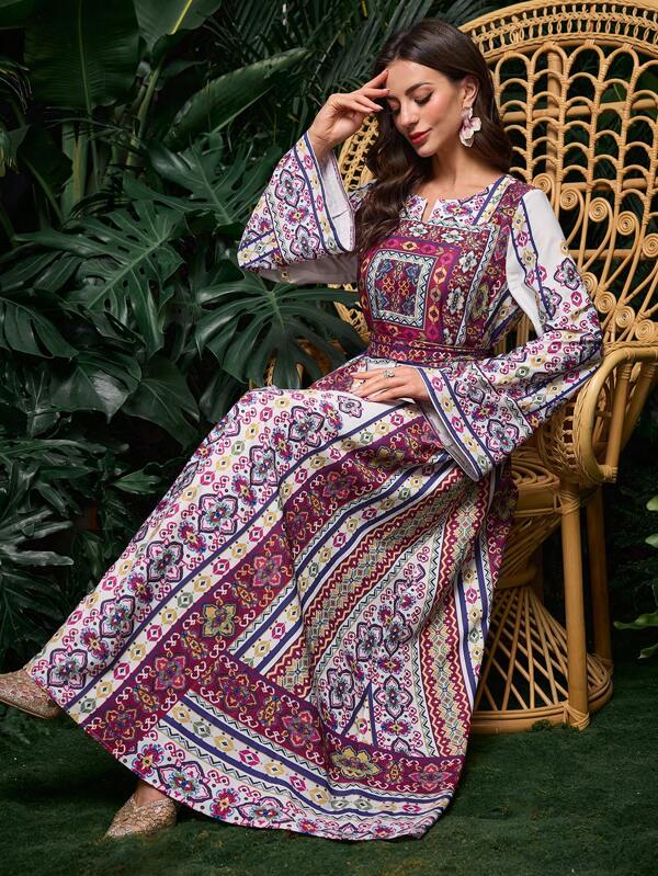 Al Najma V-Neck Pattern Flare Sleeve High-Low Hem Arabic Style Long Dress, Spring & Summer, Arabian Dresses,Modest
