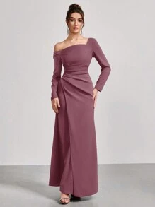 Coutiva 1 stuk dames asymmetrische hals lange mouwen gerimpelde lange feestjurk, mode banket feest oudejaarsavond festival socialite elegante jurk, bruiloft gast jurk, formele jurk, avondjurk