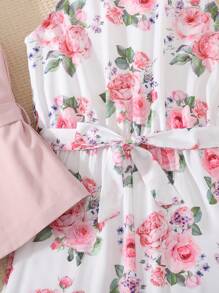 SHEIN Leap Crew 2 件套少女粉色优雅玫瑰花卉印花连体裤和西装背心