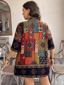 SHEIN LUNE 大码女式花朵短袖和服上衣和短裤两件套，女式西装，波西米亚风，嬉皮士风，女牛仔装，波西米亚风，女士夏季服装，春假服装夏季波西米亚风复古风女士夏季服装春假狂欢服装节日春假服装 - 彩色 - 查看 2