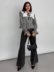SHEIN Essnce 女士休闲冬季条纹拼接白色纯色荷叶边衬衫和领带系带前褶休闲长袖衬衫度假衬衫新年女装新年前夜，新年前夜 - 彩色 - 查看 5