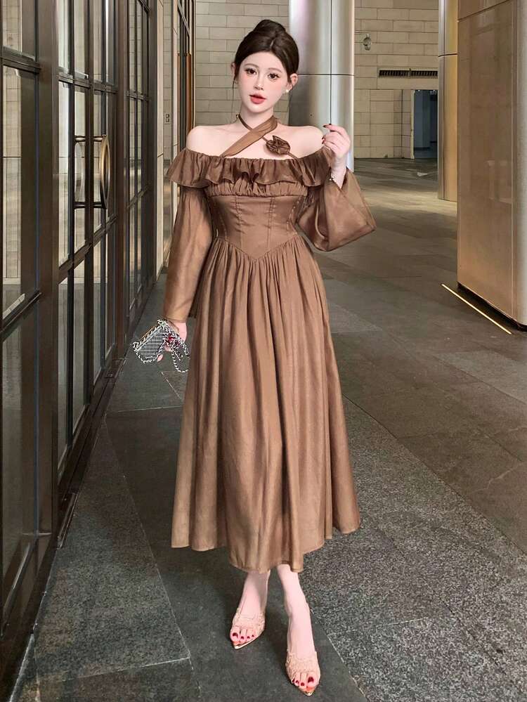 Fitted Pieced Ruffle Off Shoulder Standout Floral Decor Midi Dress For Women,Fall Dress Long Sleeve Dress
