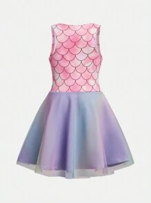 SHEIN 年轻女孩运动服荷叶边舞蹈元素针织紧身连衣裙、芭蕾、拉丁、爵士舞连衣裙 - 紫色 - 查看 2