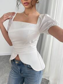 SHEIN Unity Square Neck Puff Sleeve Waist Cinched Bowknot Back Asymmetrical Hem Design Women's Blouse, Elegant Office Work Fashion Shirt - White - View 4