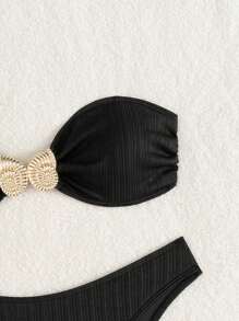 Summer Solid-Color Special Fabric Two-Piece Model Elegant Style Metal Accessory Bikini - Black - View 7