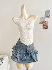 Soleia Women's Romantic Floral Lace One Shoulder Asymmetric Hem Back Tie Sheer Top For Holiday,New Years Women,White Top,Birthday For Women, Western Wear Women,Holiday Party Top,Valentine's Day