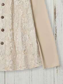 SHEIN LUNE Women's Vintage Contrast Lace Long Sleeve Button Up Blouse - Khaki - View 3