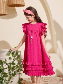 SHEIN Leap Crew 青少年女孩休闲街头时尚纯色圆领盖袖连衣裙 - 玫紅色 - 查看 4