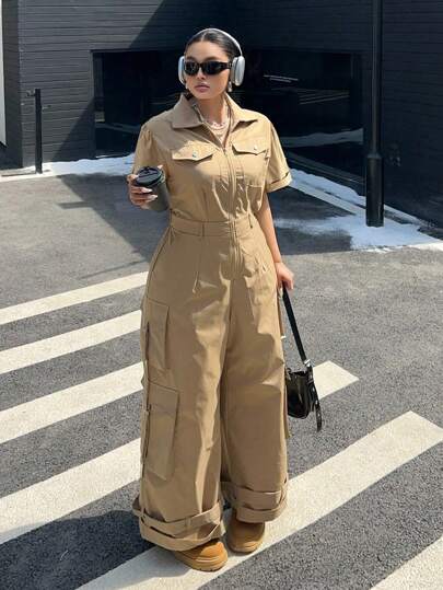 POPSWAY Plus Size Women Urban American Casual Khaki Jumpsuit With Crew Neck & Straight Leg