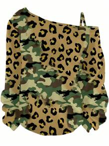 SHEIN LUNE Camiseta asimétrica de talla grande, informal, con estampado de camuflaje y leopardo, y diseño estampado sobre todo el tejido, para primavera/otoño - Multicolor - Ver 1