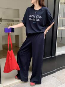 DAZY 2件套女士街头休闲字母图案T恤，春夏女士家居服套装 - 藏蓝色 - 查看 3