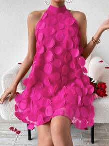 Chiquease 女士立体花朵吊带粉色连衣裙，适合新年、毕业典礼 - 玫紅色 - 查看 6