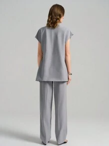 Ontre 2 件套女士灰色旧货币印花背心休闲套装，宽松外套，2025 年春季新款 - 灰色 - 查看 4