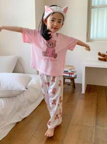 Dazy Kids 小女孩小熊印花短袖长裤家居服套装，女孩夏季复活节服装 - 粉色 - 查看 4