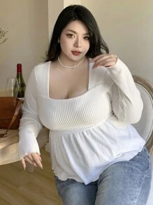 Dazy Plus White Square Neck Fitted Short/Long Sleeve T-Shirt, Spring/Autumn - White - View 8