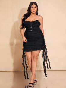 SHEIN BAE 1. Plus Size Women Black Ruffle Trim Short Dress, Sexy Bodycon Dress, Mesh Ruffle Trim Dress, Elegant Fitted Dress, Valentine's Clothes, Office Women Outfits, Sexy Red Dress, Spring Women Outfits, Valentine's Women Outfit, Valentine's Gift, Short Dress, Easter Girls Dresses, Carnival Brazil, Princess Girls Dress, Bachelorette Party, Western Women Dress, Y2K, Back To School Dress, Easter Women Outfit