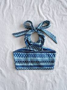 Soleia Parte superior corta de punto con rayas, escote cruzado y lazo en el cuello para mujer, ideal para vacaciones