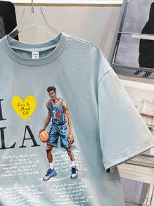 SHEIN Leap Crew 2pcs Set Teenboy's Casual Simple Versatile Street Style Cost-Effective Portrait Print Round Neck Knit Short-Sleeved T-Shirt Shorts Two-Piece SetSpring Wear; Teen Boys' Clothing; Teen Boy' Jackets, Spring Back To School