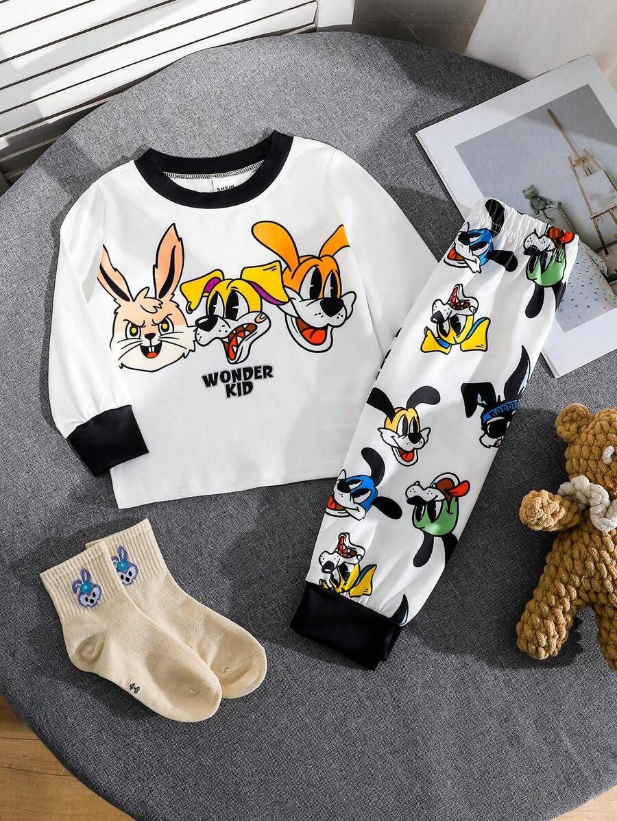 SHEIN Baby Boys Cartoon Puppy Print Color Block Rib Crew Neck Long Sleeve T-Shirt And Pants Casual Suit, Spring/Autumn