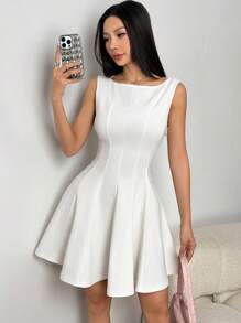 SHEIN EZwear Đầm không tay bó eo màu trơn thanh lịch dành cho nữ - trắng - Xem 6