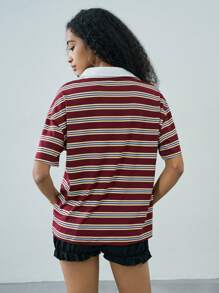 Easelle Casual College Style Contrast Color Stripe & Badge Decorated Short Sleeve Shirt