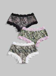ROMWE Grunge Punk Set de 3 bragas de bikini con estampado de rama y corteza de árbol, estilo punk Y2K con adorno de encaje