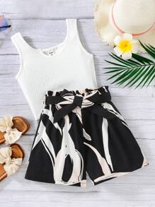 SHEIN Conjunto de 2 peças de blusa de malha casual e shorts estampados para meninas pré-adolescentes