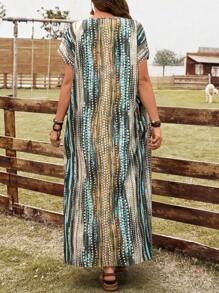 EMERY ROSE 大码女士乡村几何条纹长滩夏季连衣裙，适合度假和西装女士 - 彩色 - 查看 2