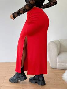 SHEIN EZwear Valentine's Day,Plus Size Women Satin Pleated Waist Skirt, Red Long Skirt With Slitskirt Redred Long Skirt - Red - View 2