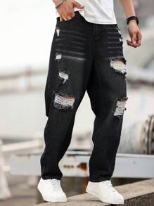Manfinity Roughcore Loose Fit Men's Ripped Washed Jeans - Dark Grey - View 3