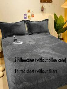 3 pièces Drap-housse en velours cristal gris charbon avec passepoil et 2 pièces taies d'oreiller, lavable en machine