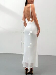 Vestido de tirantes con decoración floral de unicolor y estilo sexy para mujer - Blanco - Ver 2