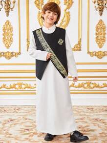 SHEIN Leap Crew 2pcs Tween Boy Middle East Style Solid Color Faux Foil Geometric Pattern Vest And Lapel Half-Open Abaya Set, Suitable For Autumn, Spring, Summer, Outdoor Play, School, Street Photography, Party, Casual Wear - Black and White - View 2