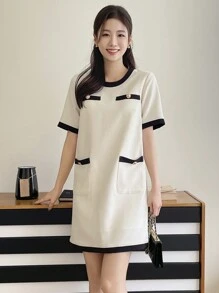 DAZY Color Block Round Neck Women's Casual Short Sleeve Mini Dress Sundress - Beige - View 5