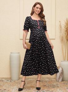 SHEIN Maternity Puff Sleeve Short Sleeve Button Decor Vintage Ditsy Floral Dress - Multicolor - View 5