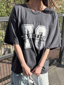 FRIFUL Women Loose Fit Round Neck Large Letter Print T-Shirt Oversized T-Shirt - Grey - View 1